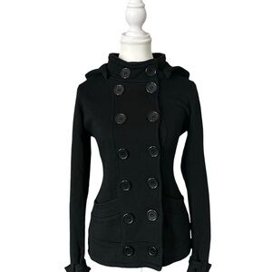 Y2K “SWS” Black Peacoat Style Button-up Knit Jacket with Hood